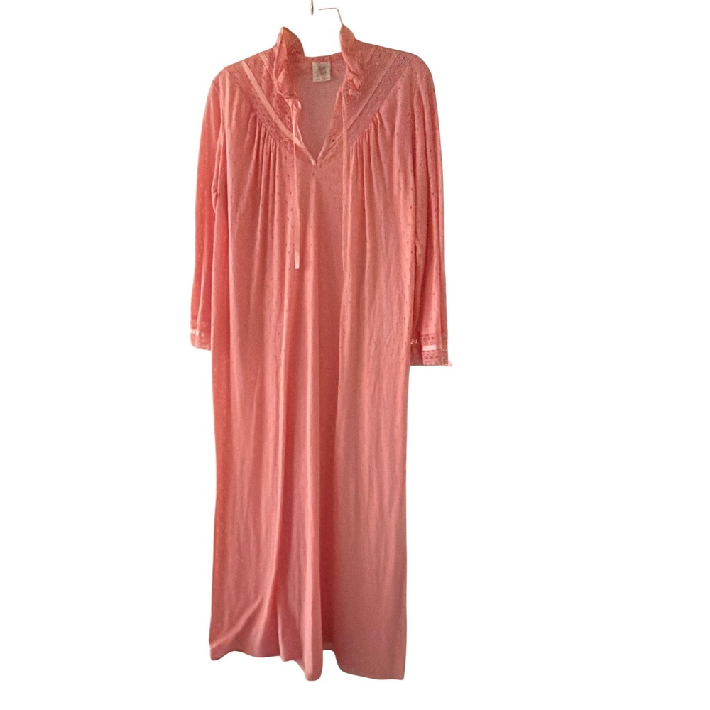 Miss Dior Nightgown Pink Vintage Swiss Dot Lace Trim Long Sleeve Ruffle Neck